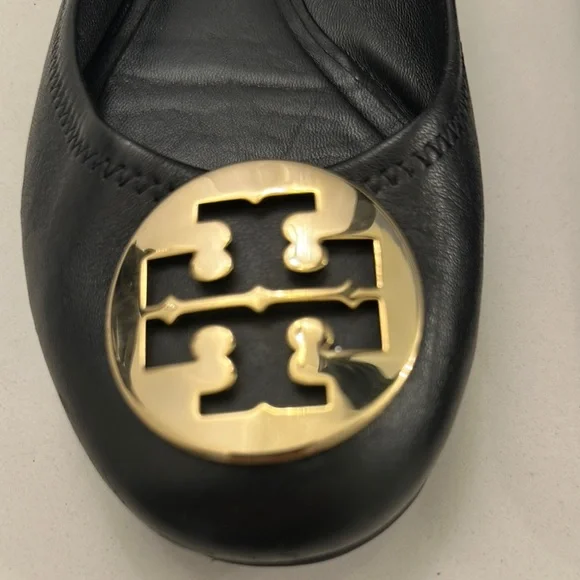 Tory Burch Black and Gold Leather Flats - Picture 5 of 9